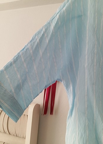 Mavi Keten Düğmeli Kadın Gömlek - Görsel 4