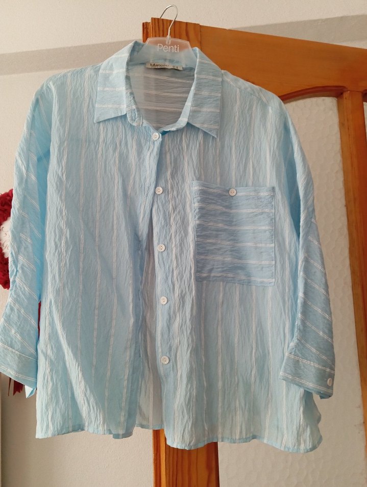 Mavi Keten Düğmeli Kadın Gömlek - Görsel 2