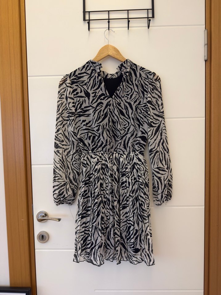 Uzun Kollu Zebra Desenli Kemerli Mini Elbise - Görsel 2