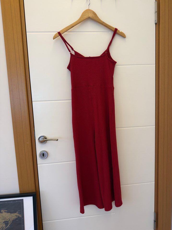 Kırmızı İnce Askılı Uzun Kadın Tulum - Görsel 3