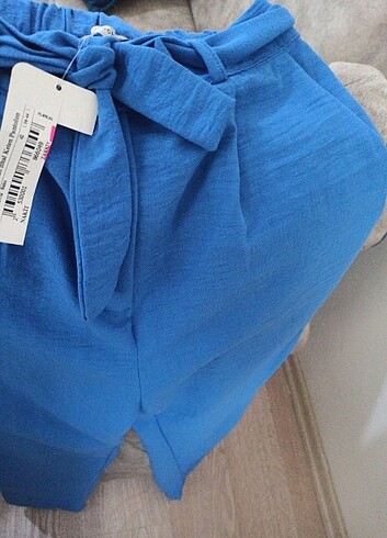 Saks Mavisi Bağlamalı İthal Keten Pantolon 
