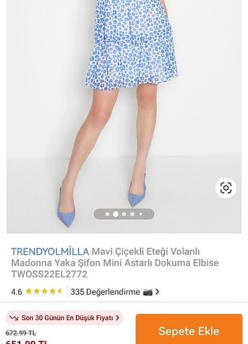 Trendyol & Milla Mavi Çiçekli Eteği Volanlı Madonna Yaka Şifon Mini Astarlı Dokum