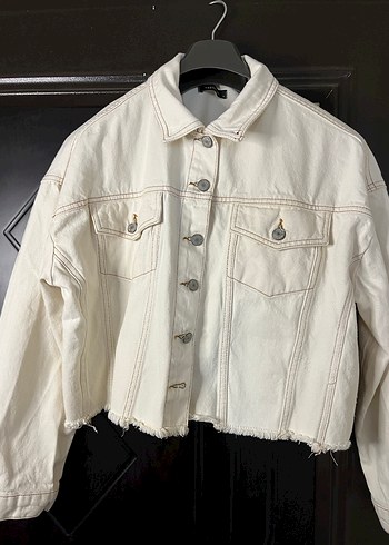 Düğmeli Beyaz Kadın Denim Ceket - Görsel 4