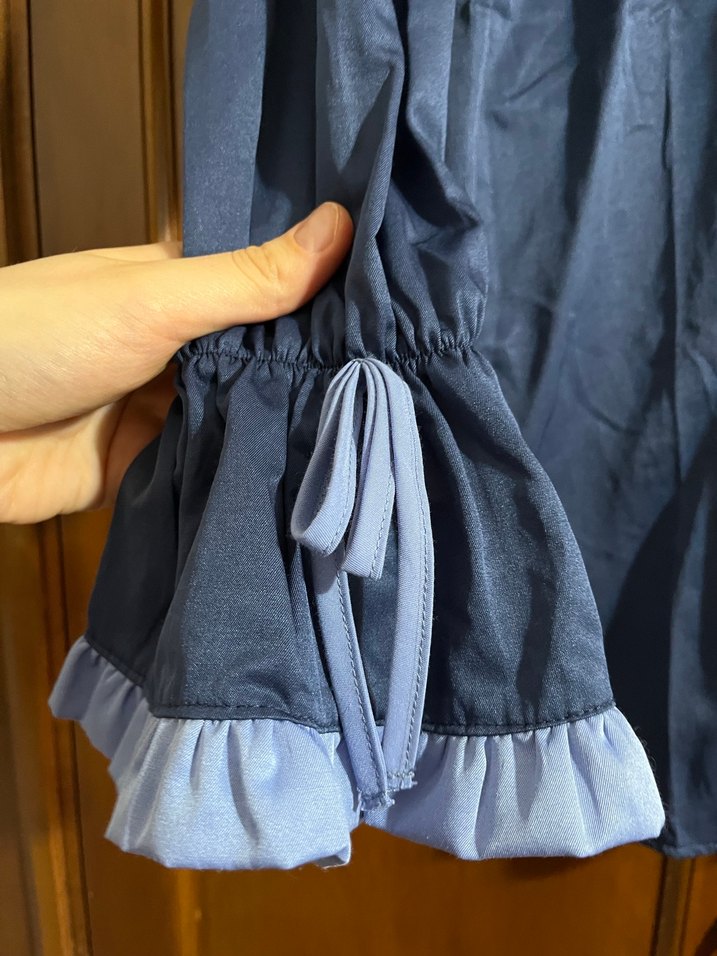 Lacivert Fırfırlı Uzun Kollu Satenimsi Gömlek - Görsel 2