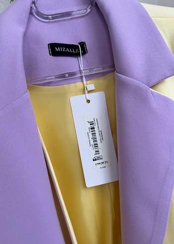 Düğmeli Mor-Sarı Kadın Midi Ceket - Görsel 3