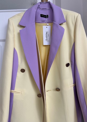 Düğmeli Mor-Sarı Kadın Midi Ceket - Görsel 2