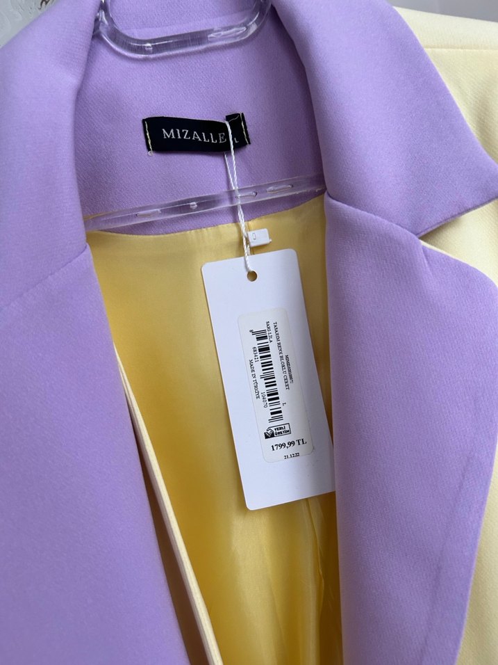 Düğmeli Mor-Sarı Kadın Midi Ceket - Görsel 3