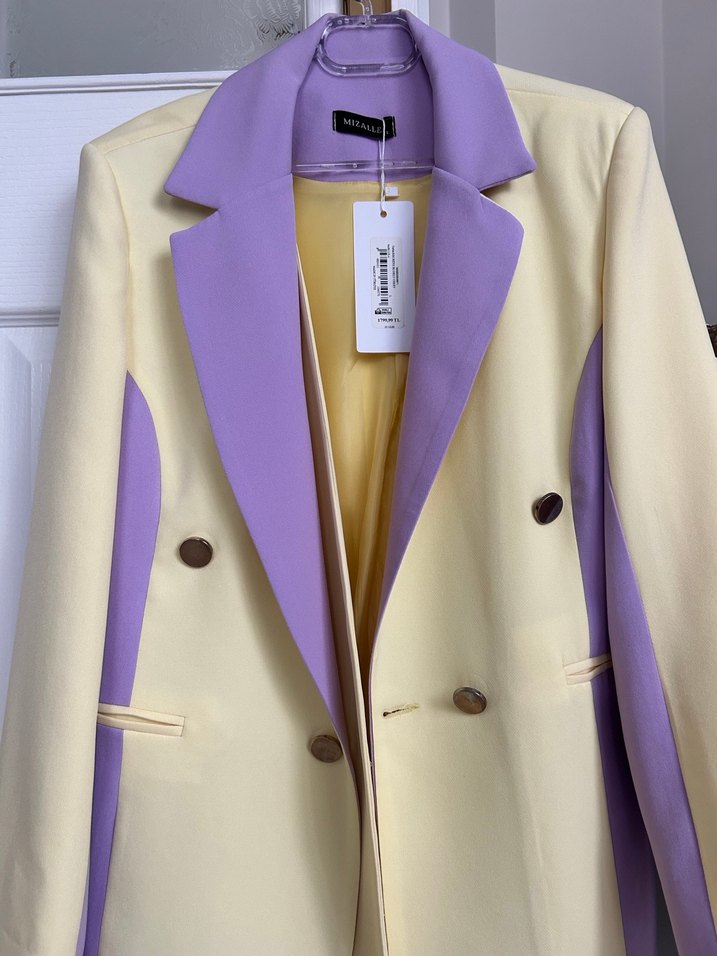 Düğmeli Mor-Sarı Kadın Midi Ceket - Görsel 2