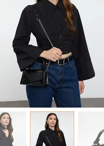 Zara Siyah Kemerli Yılan Derisi Desenli Deri Çanta