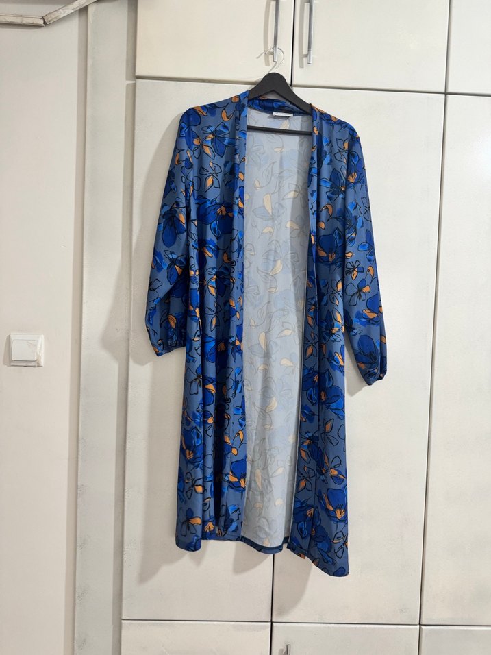 Uzun Mavi Bağlamalı Bohem Kimono - Görsel 2