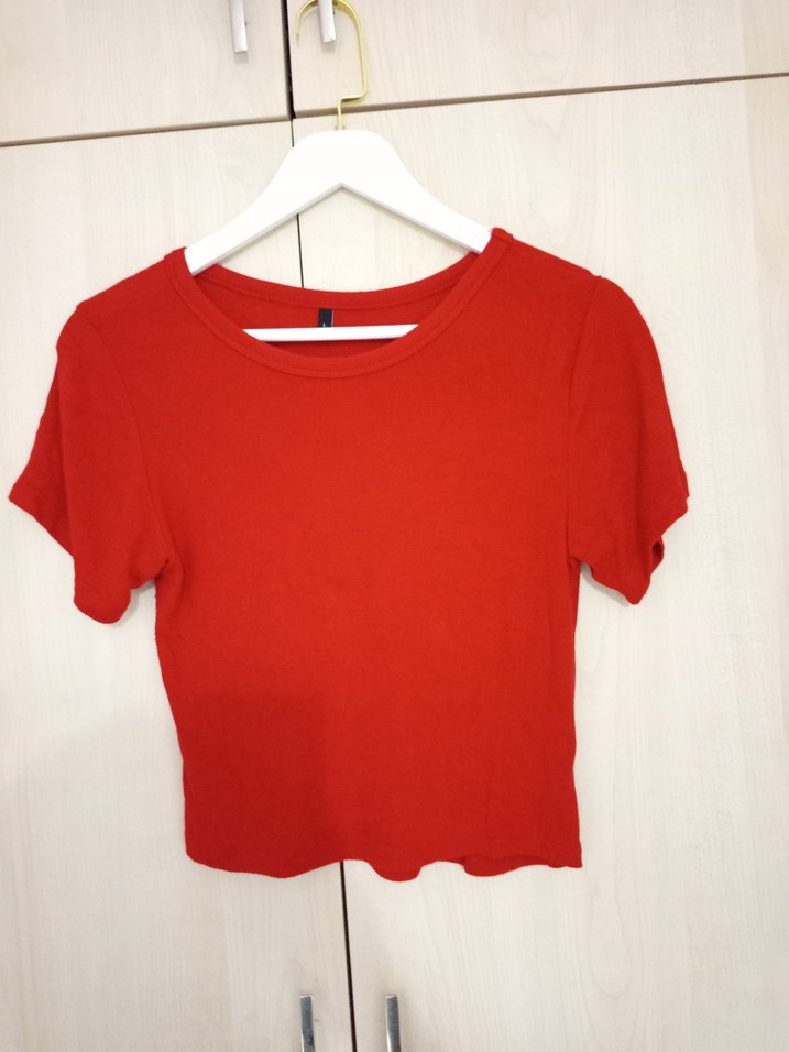 Kırmızı Mini Crop Top, Bisiklet Yaka, Kısa Kollu - Görsel 2