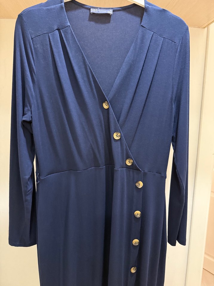 Düğmeli Lacivert Uzun Kollu Kadın Elbise - Görsel 2