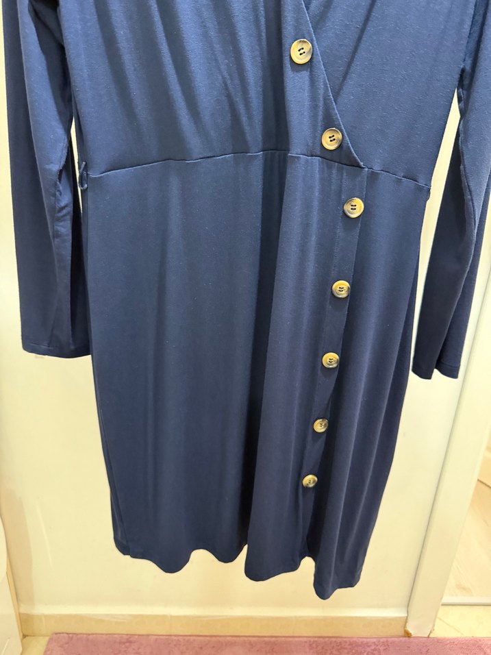 Düğmeli Lacivert Uzun Kollu Kadın Elbise - Görsel 3