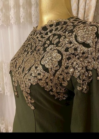 Uzun Kollu Nakışlı Koyu Haki Kadın Elbise - Görsel 6