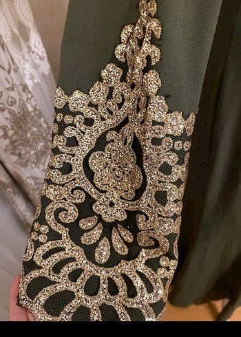 Uzun Kollu Nakışlı Koyu Haki Kadın Elbise - Görsel 8