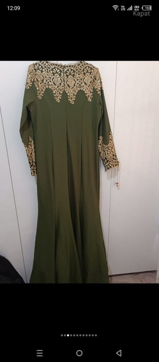 Uzun Kollu Nakışlı Koyu Haki Kadın Elbise - Görsel 3