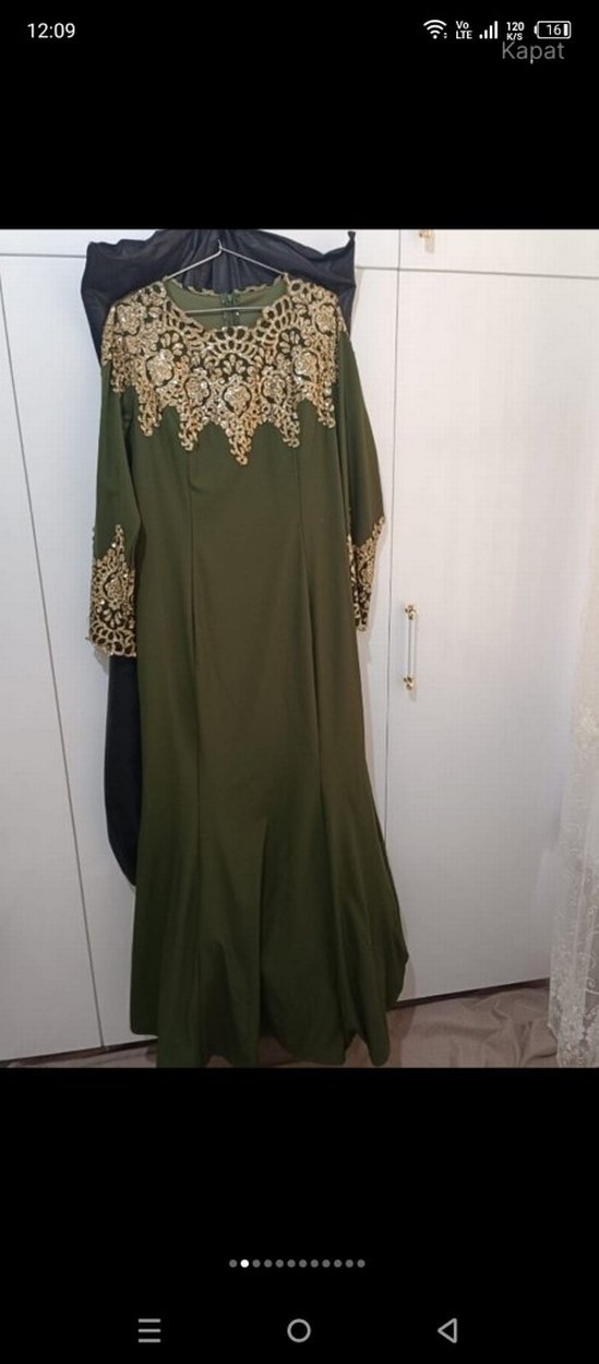 Uzun Kollu Nakışlı Koyu Haki Kadın Elbise - Görsel 2