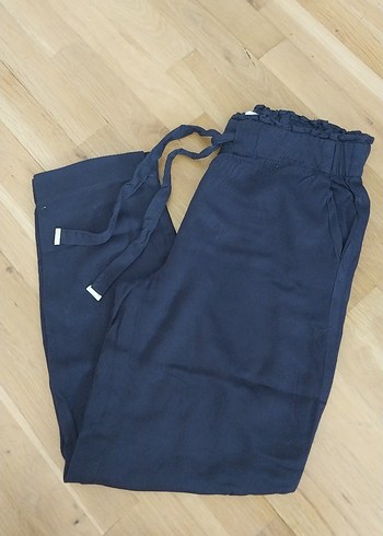 Mango Lacivert Keten Kemerli Midi Kadın Pantolon