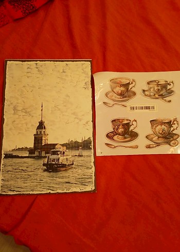 Kahverengi Kız Kulesi Tablosu ve Çay Fincanı Çıkartmaları