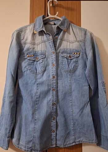 Düğmeli Gri Mavi Denim Kadın Gömlek