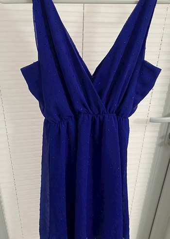 Parlak Mavi V Yaka Midi Elbise - Görsel 2