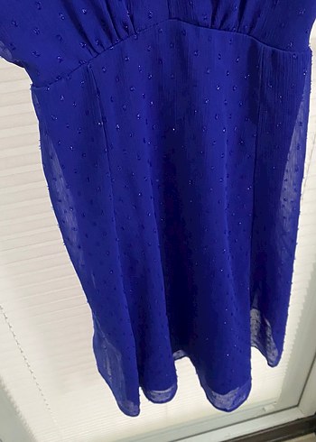 Parlak Mavi V Yaka Midi Elbise - Görsel 3