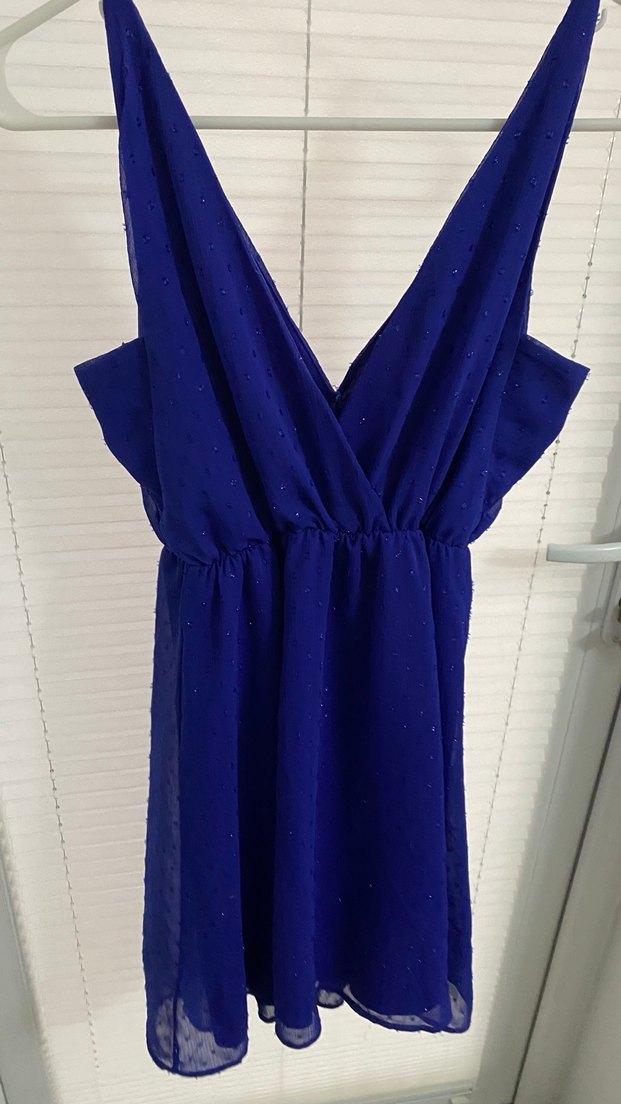 Parlak Mavi V Yaka Midi Elbise - Görsel 2