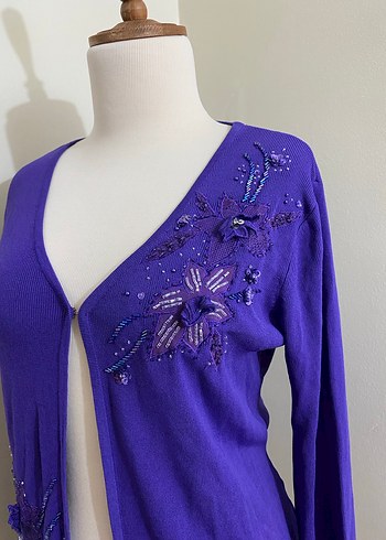 Boncuk İşlemeli Mor V Yaka Kadın Hırka - Görsel 3