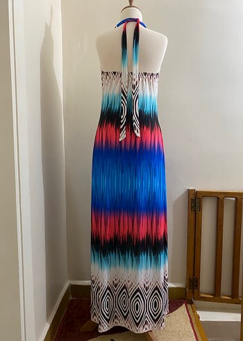 Boncuk Detaylı Renkli Uzun Straplez Elbise - Görsel 2