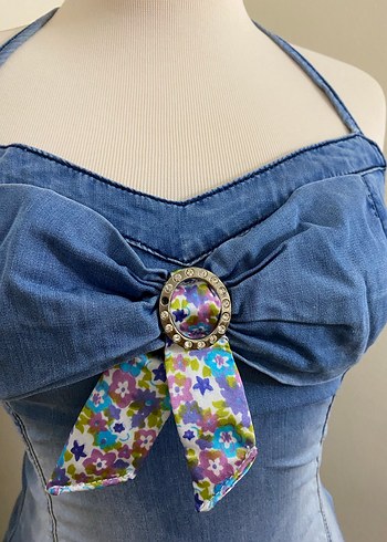 Y2K 90s Mavi Denim Straplez Elbise - Görsel 4