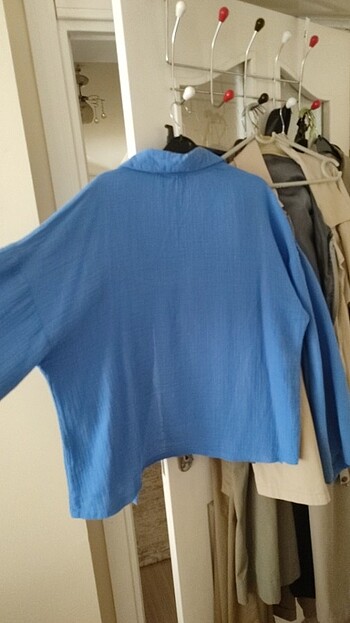 l Beden mavi Renk oversize,geniş kol kadın gömlek