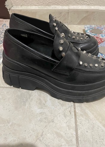 35 Beden siyah Renk Bershka Tokalı Siyah Deri Platform Topuklu Loafer