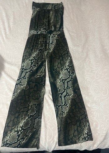 Kadın Gri Yılan Desenli Uzun straplez tulum - Görsel 3