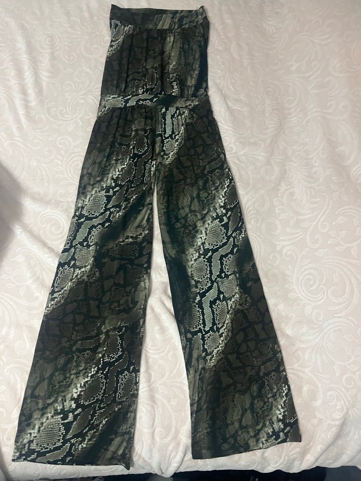 Kadın Gri Yılan Desenli Uzun straplez tulum - Görsel 3
