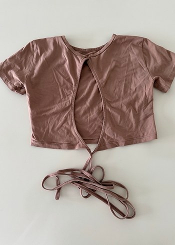 Kadın somon rengi Kısa Kemerli Crop Top - Görsel 2