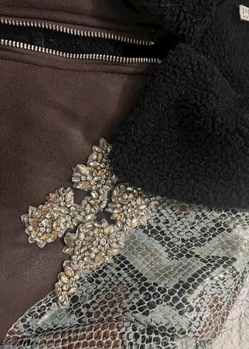 xs Beden Kahverengi Nakışlı Deri Kadın Ceket