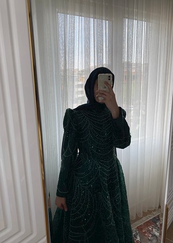 xxl Beden Yeşil Nakışlı Uzun Kollu Uzun Abiye Elbise