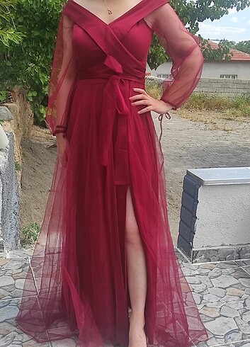 m Beden bordo Renk Tül abiye