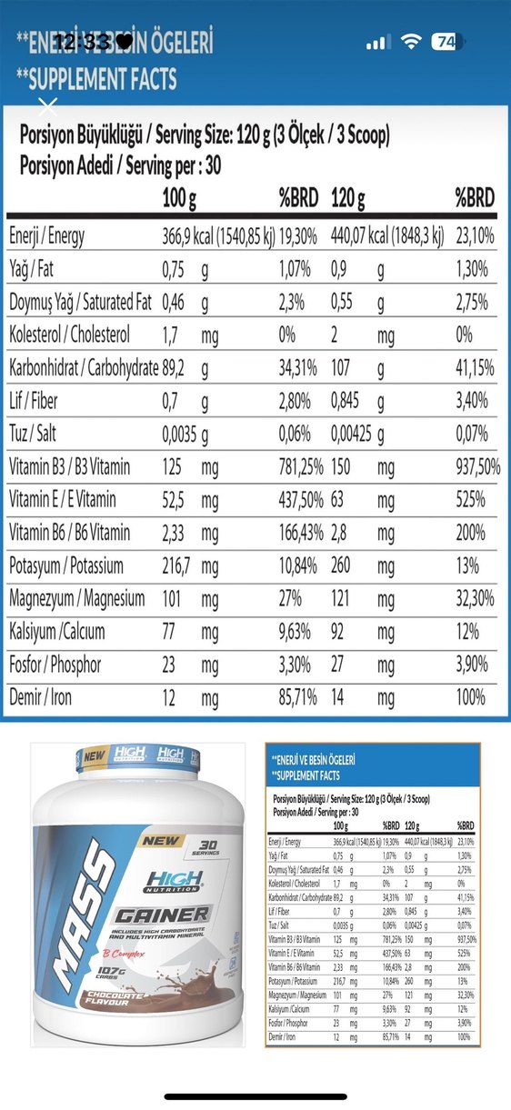 High Nutrition Chocolate Gainer Tozu 30 Servis - Görsel 2
