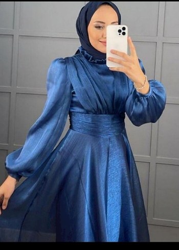 Abiye Mavi Uzun Drapeli Kadın Abiye Elbise