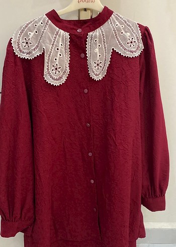 Diğer Bordo Dantel Detayli Vintage Bluz