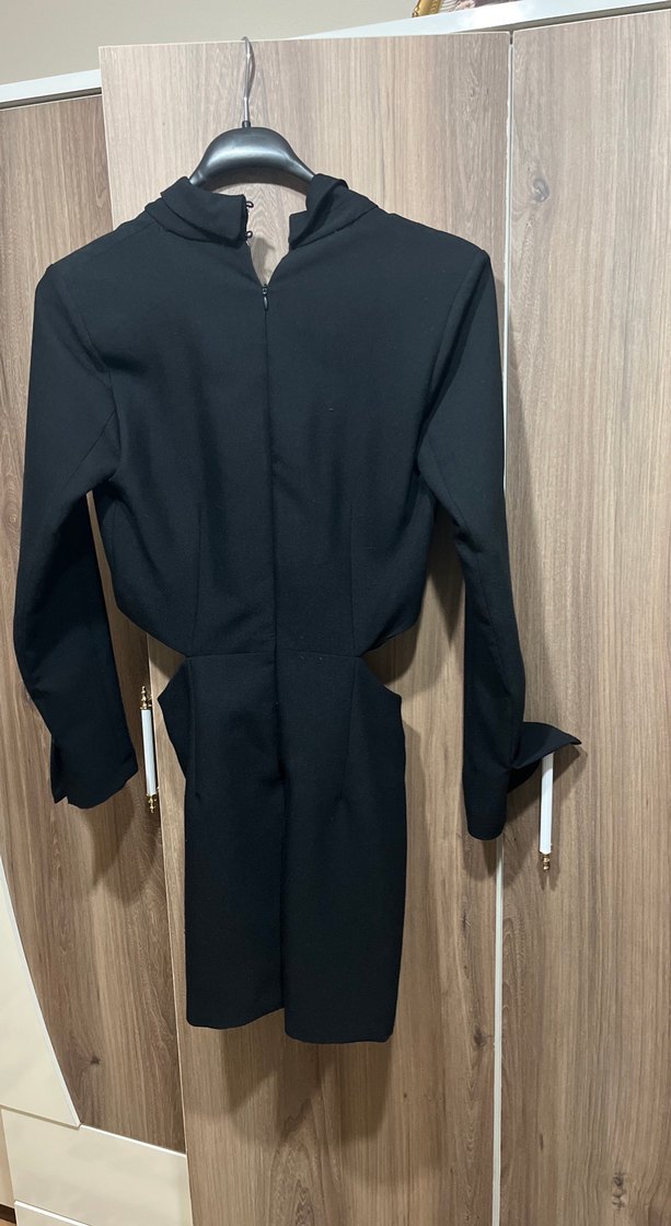 Siyah, Kuşaklı, Uzun Kollu Kadın Elbise - Görsel 5