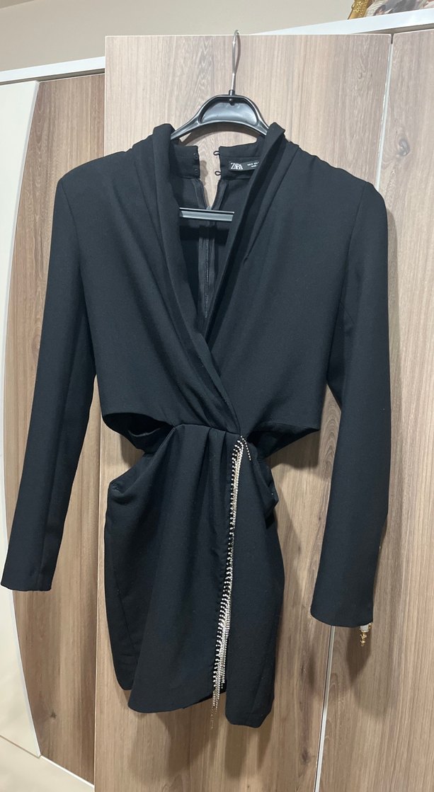 Siyah, Kuşaklı, Uzun Kollu Kadın Elbise - Görsel 3