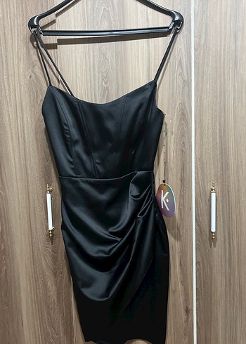 Siyah Drapeli Mini İp Askılı Abiye Elbise - Görsel 3