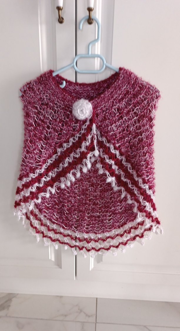 Bordo Nakışlı Dantelli Kız Çocuk Panço - Görsel 3