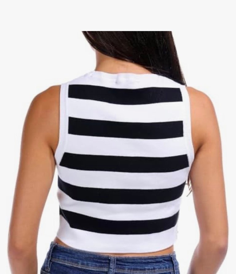 Beyaz Siyah Çizgili Yüksek Yakalı Crop Top - Görsel 3