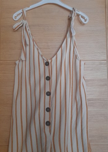 Çizgili Keten Kısa Tulum - Görsel 2