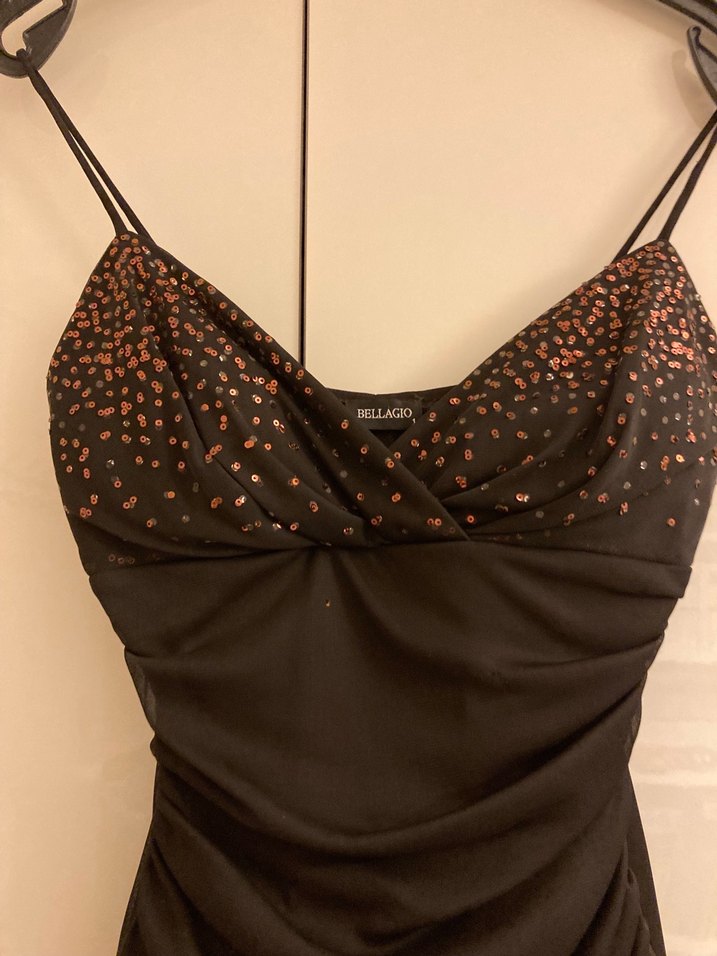 Kahverengi pullu drape şık abiye elbise - Görsel 2