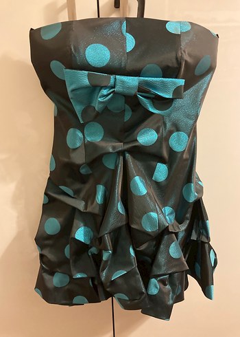 Turkuaz Puantiyeli Fiyonklu Mini Abiye Elbise (balon etek altı) - Görsel 2