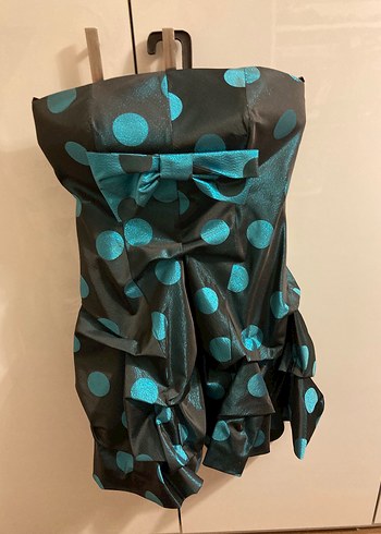 Turkuaz Puantiyeli Fiyonklu Mini Abiye Elbise (balon etek altı)
